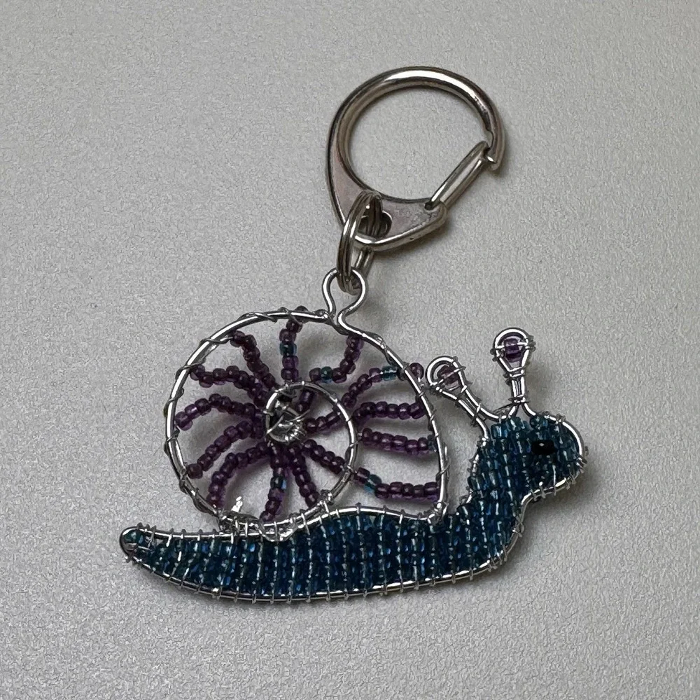 Handmade Beaded Snail Keychain Purse‎ Charm Blue Purple Wire Wrapped Art